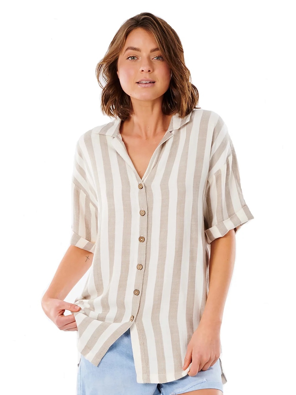 Rip Curl Ashore Stripe Shirt | Striped Button-Front Linen Blend - Taupe/White